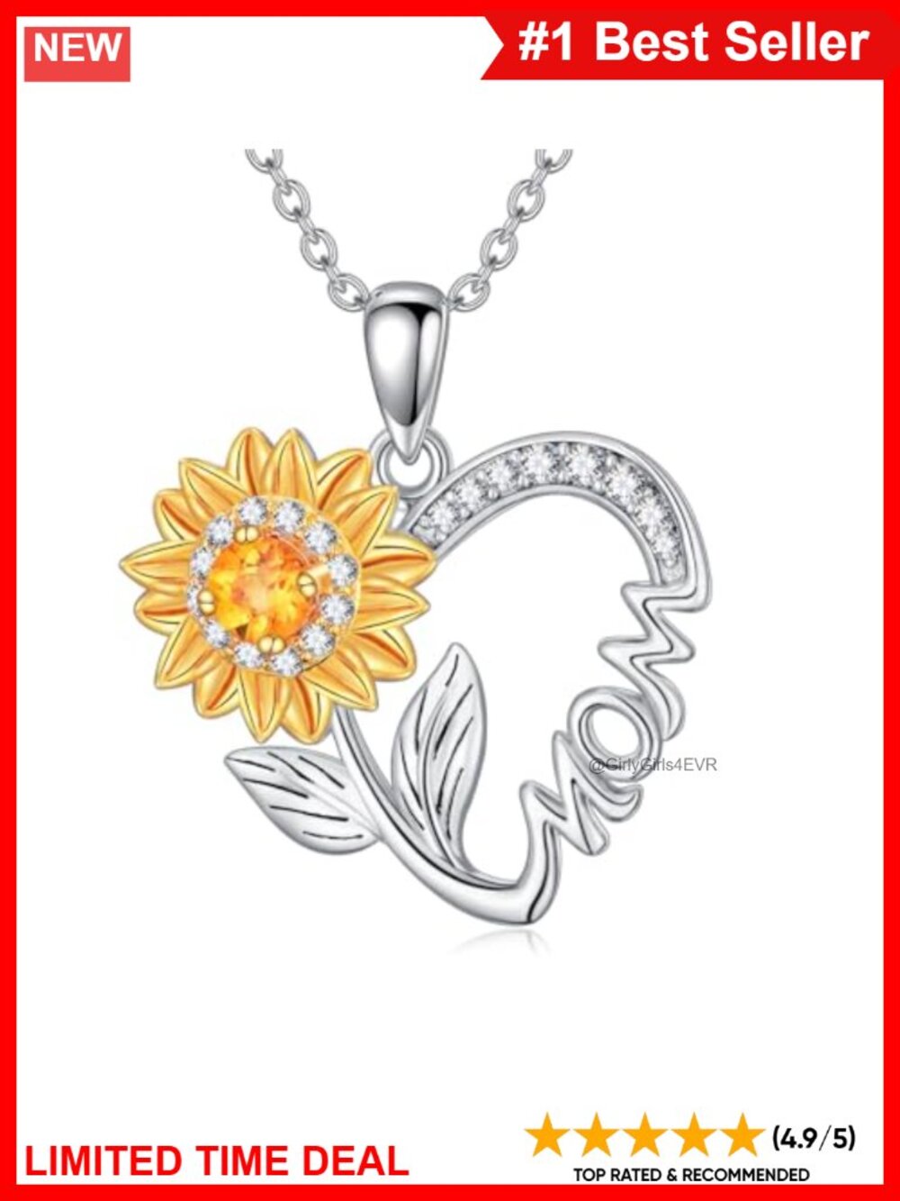 Sunflower Heart Pendant Necklace 925 Sterling Silver Citrine Mom Gift